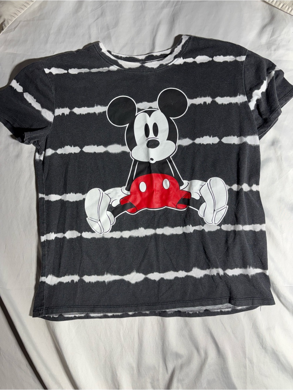 Disney Black & White Tie-Dye Mickey Mouse Short Sleeve Tee with Red Accent